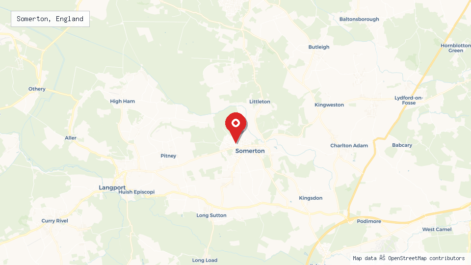 Street map of Somerton, England with location pin