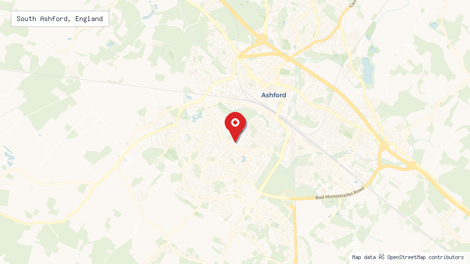 Street map of South Ashford, England with location pin