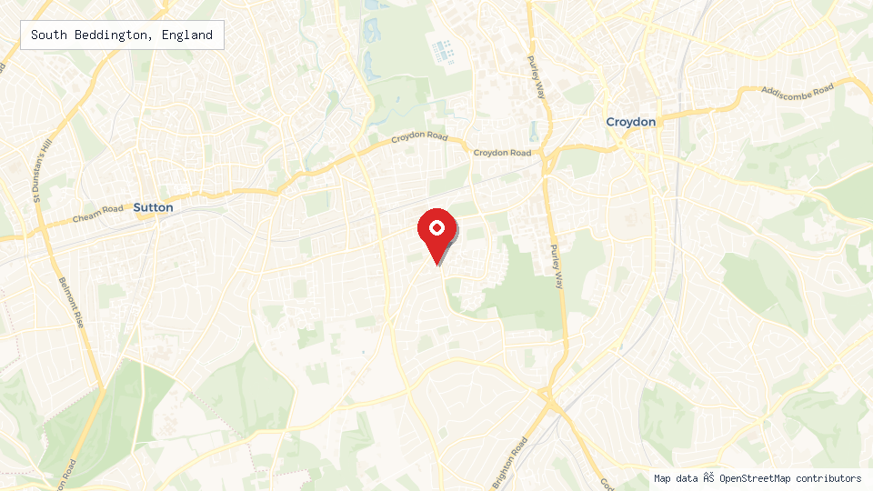 Street map of South Beddington, England with location pin