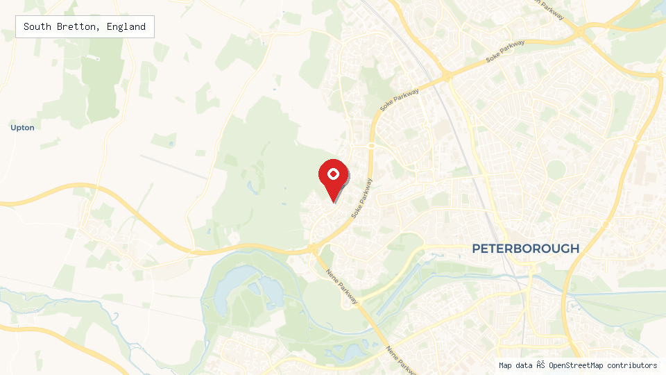 Street map of South Bretton, England with location pin