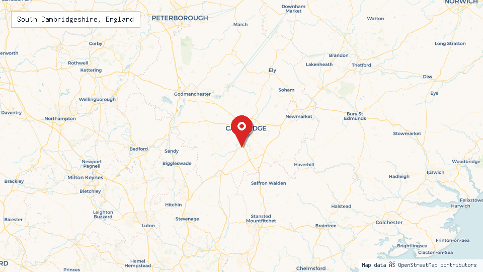 Street map of South Cambridgeshire, England with location pin