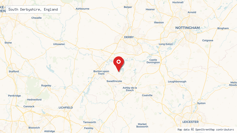 Street map of South Derbyshire, England with location pin