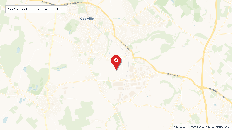 Street map of South East Coalville, England with location pin