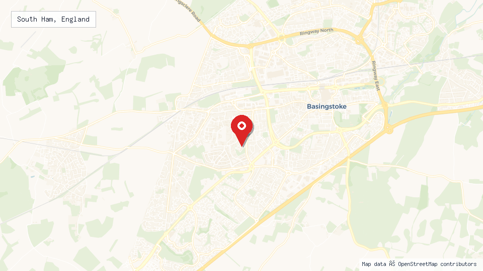Street map of South Ham, England with location pin