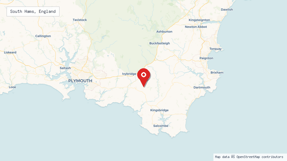 Street map of South Hams, England with location pin