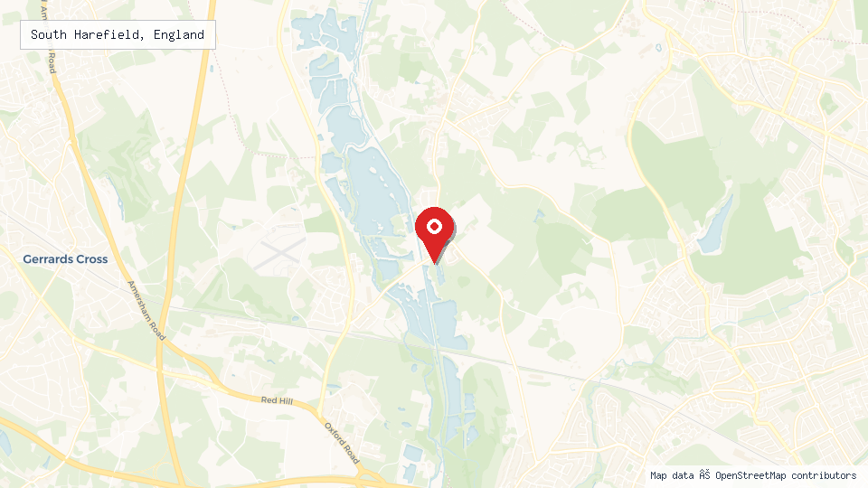 Street map of South Harefield, England with location pin