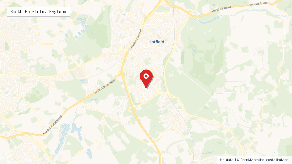 Street map of South Hatfield, England with location pin