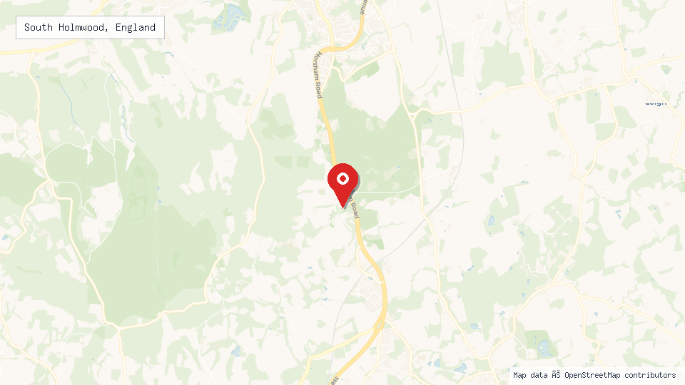 Street map of South Holmwood, England with location pin
