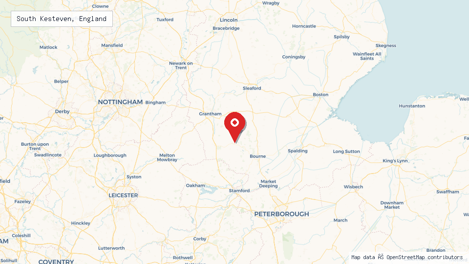 Street map of South Kesteven, England with location pin