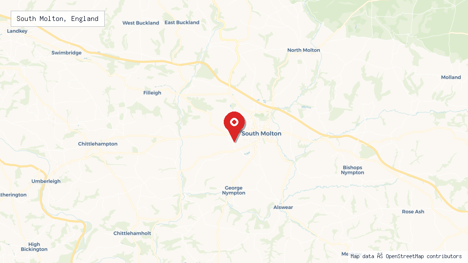 Street map of South Molton, England with location pin