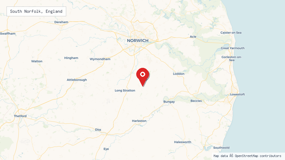 Street map of South Norfolk, England with location pin