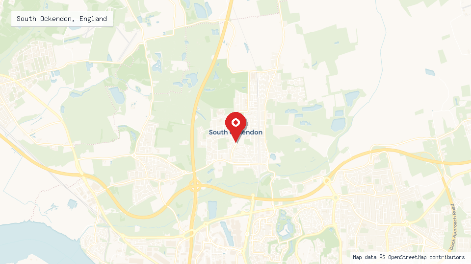 Street map of South Ockendon, England with location pin