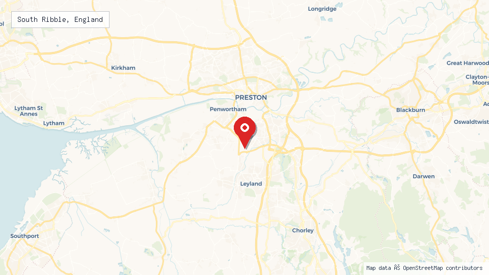 Street map of South Ribble, England with location pin
