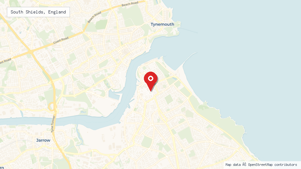 Street map of South Shields, England with location pin