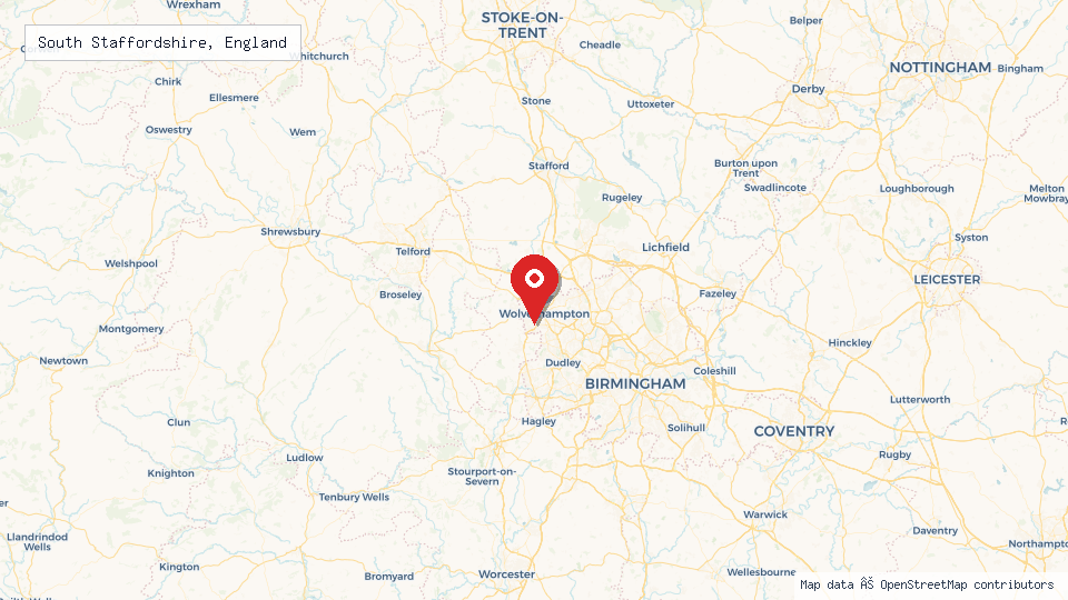 Street map of South Staffordshire, England with location pin