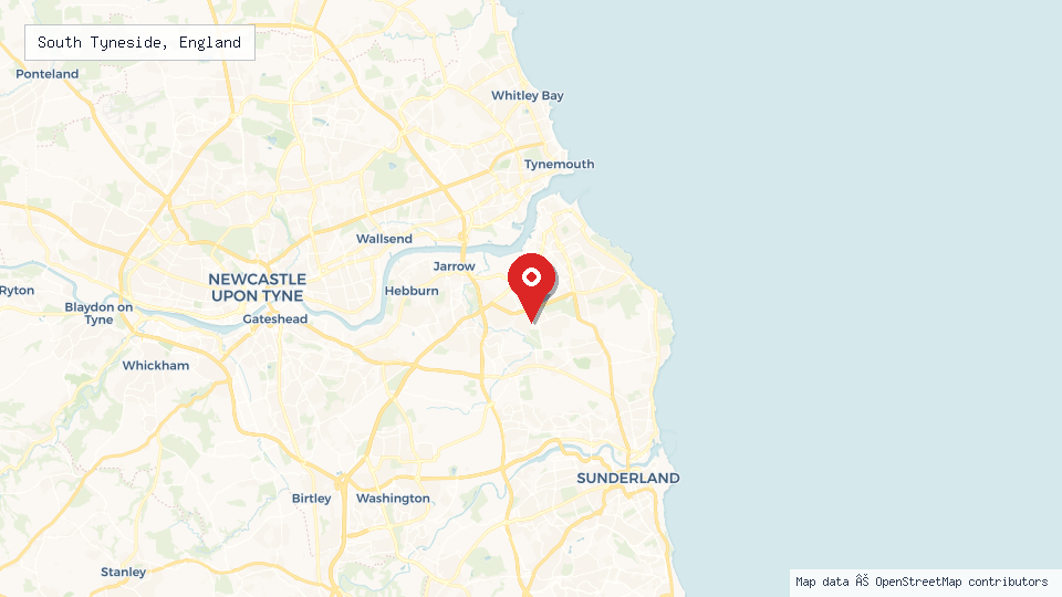 Street map of South Tyneside, England with location pin