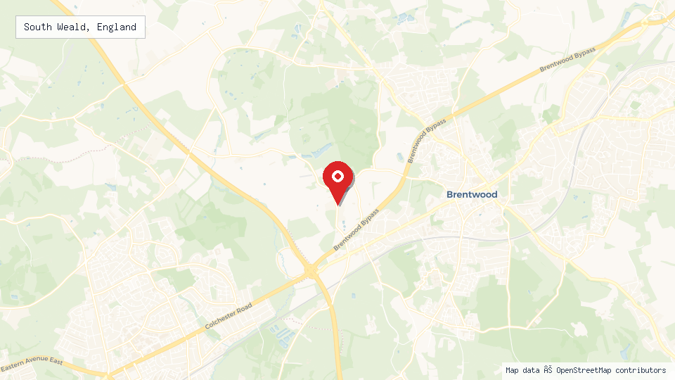 Street map of South Weald, England with location pin
