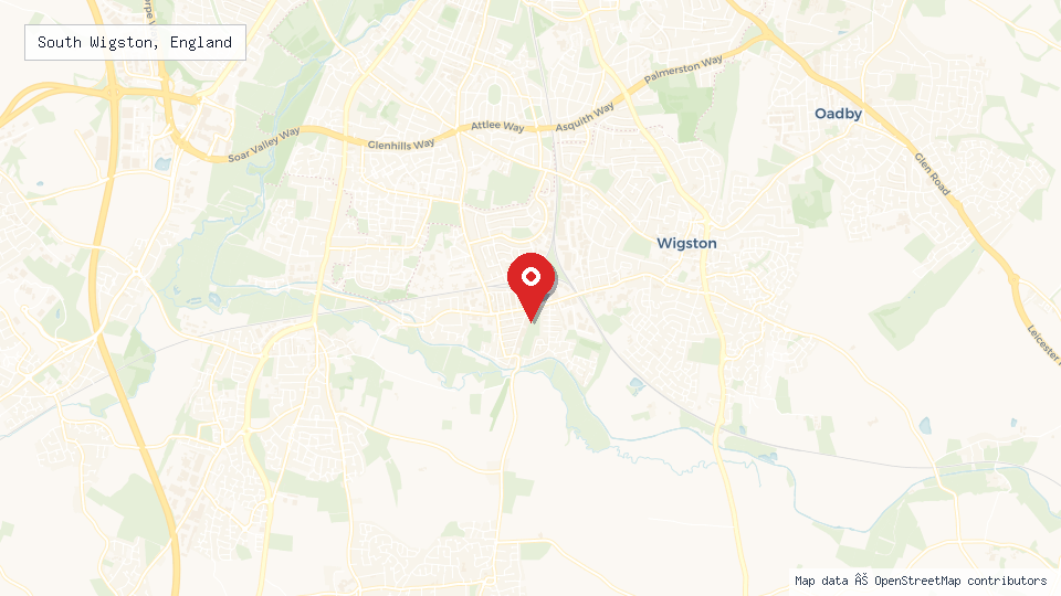 Street map of South Wigston, England with location pin