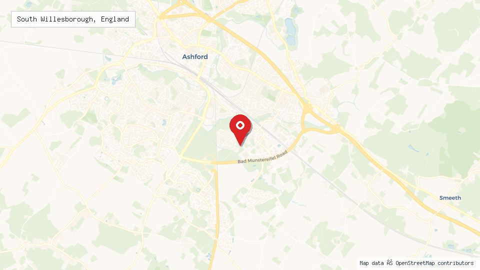 Street map of South Willesborough, England with location pin