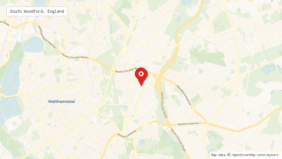 Street map of South Woodford, England with location pin