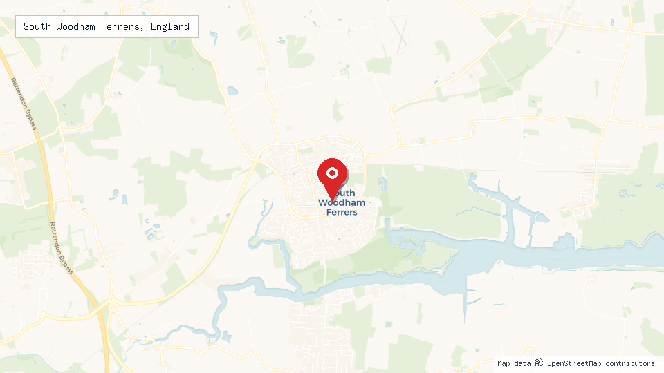 Street map of South Woodham Ferrers, England with location pin
