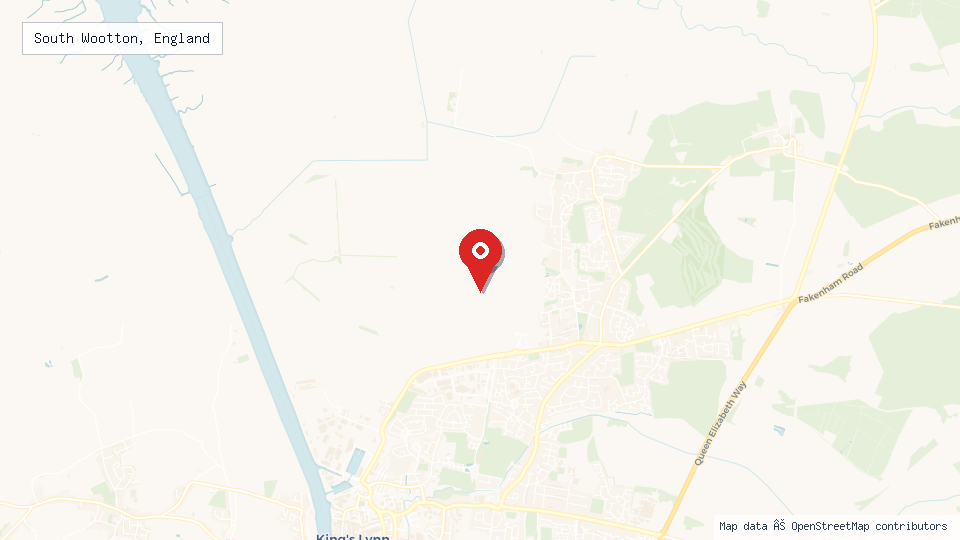 Street map of South Wootton, England with location pin