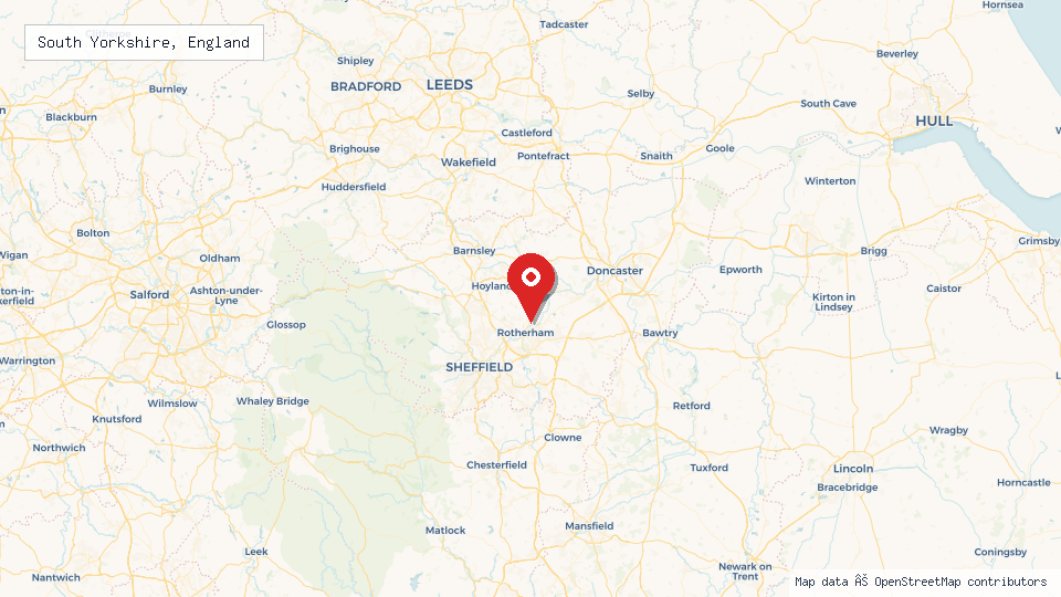 Street map of South Yorkshire, England with location pin