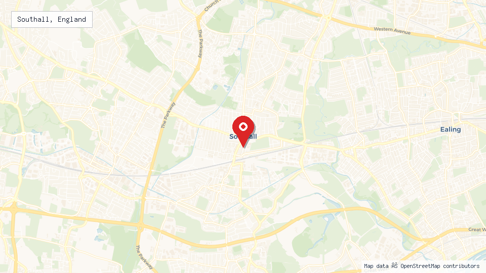 Street map of Southall, England with location pin