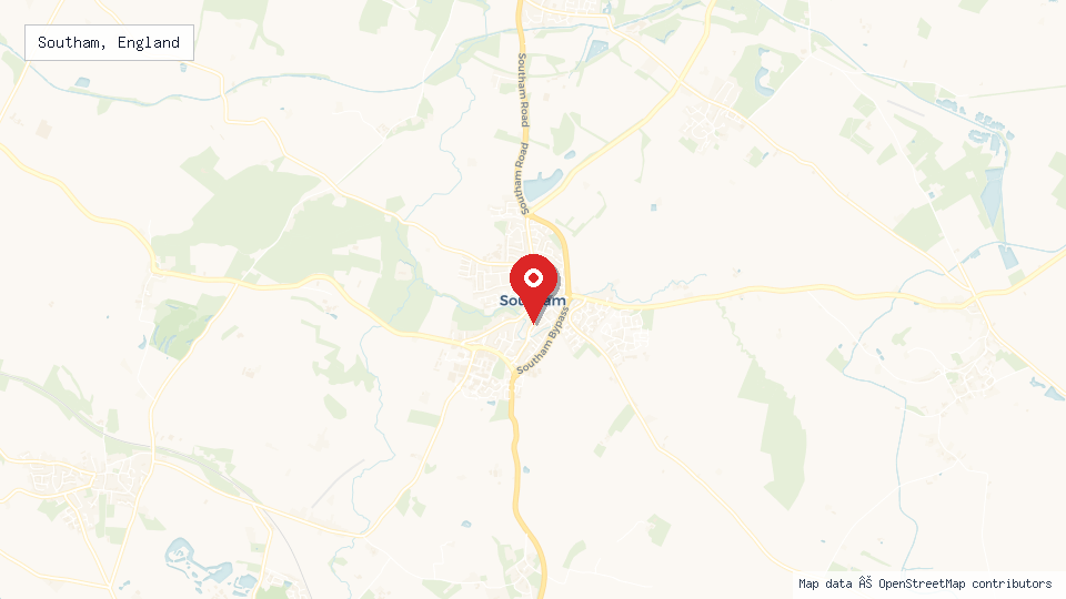 Street map of Southam, England with location pin