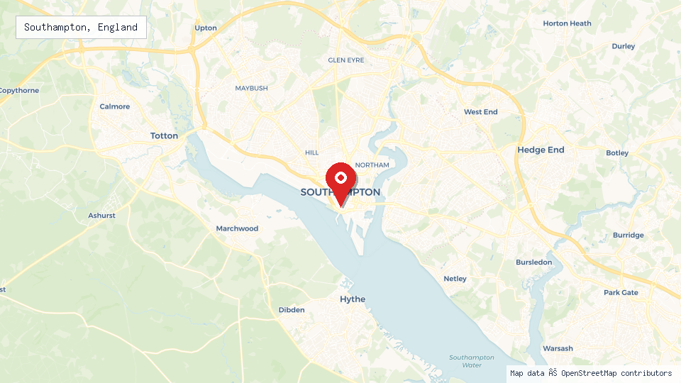 Street map of Southampton, England with location pin