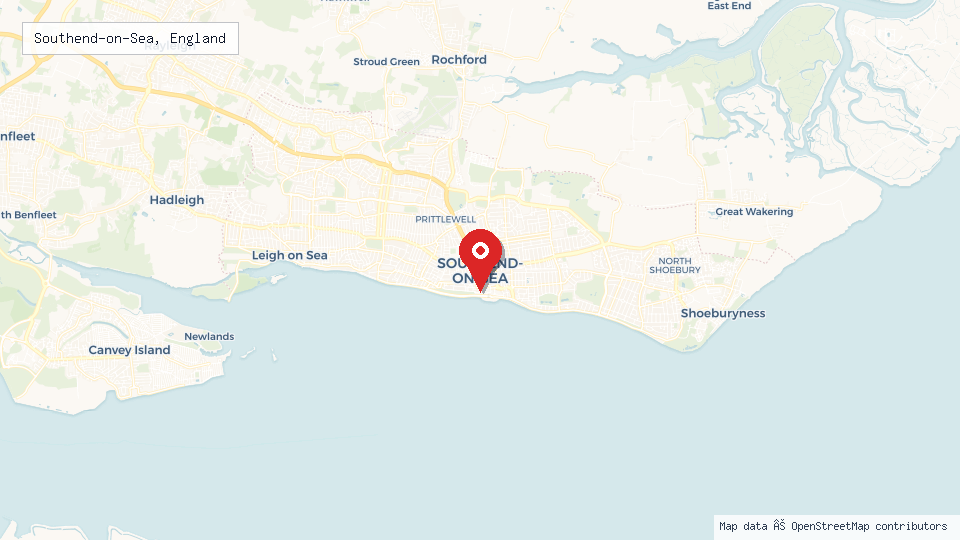 Street map of Southend-on-Sea, England with location pin