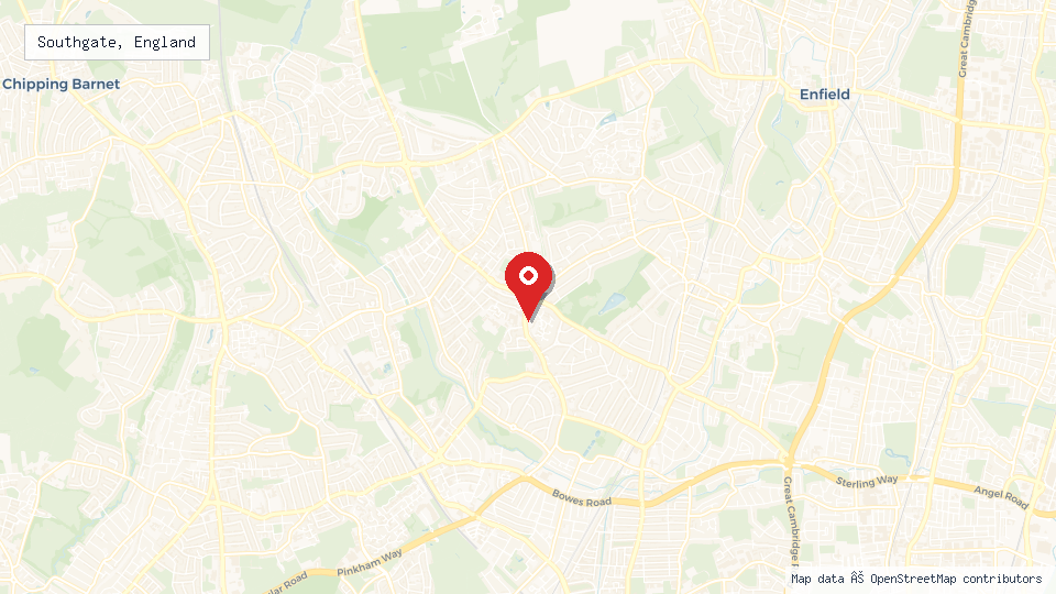 Street map of Southgate, England with location pin