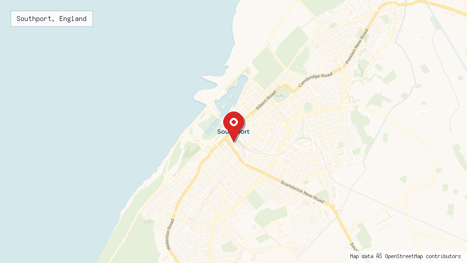 Street map of Southport, England with location pin