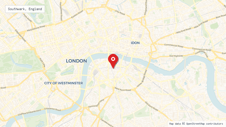 Street map of Southwark, England with location pin