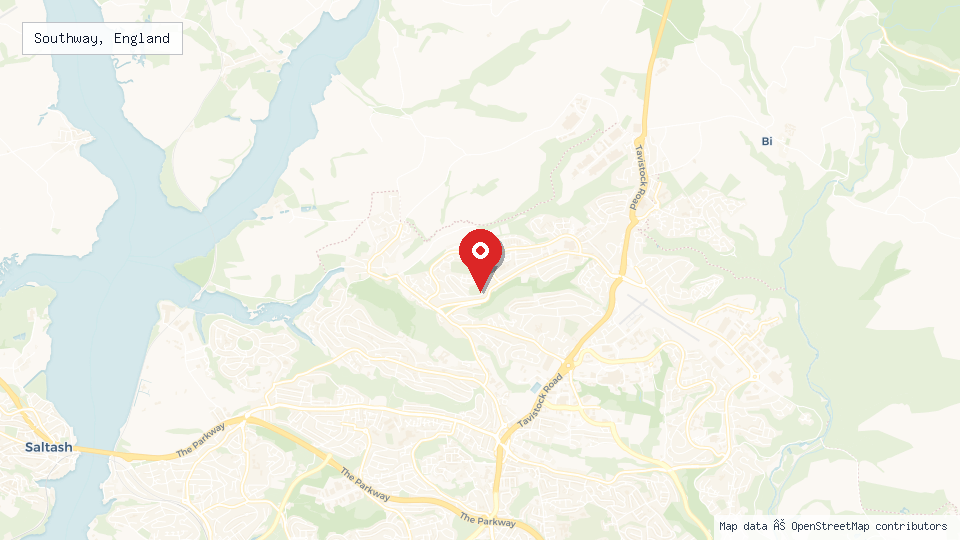 Street map of Southway, England with location pin