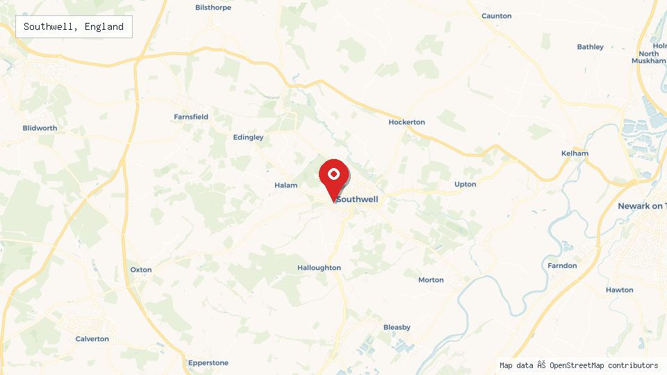 Street map of Southwell, England with location pin