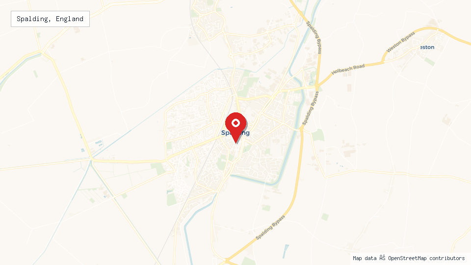 Street map of Spalding, England with location pin