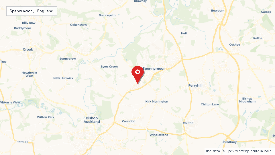 Street map of Spennymoor, England with location pin