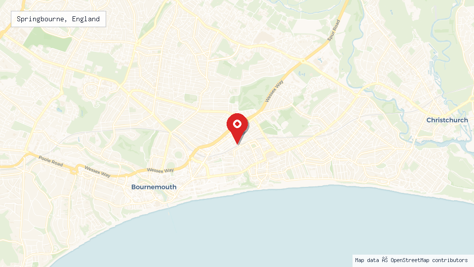 Street map of Springbourne, England with location pin
