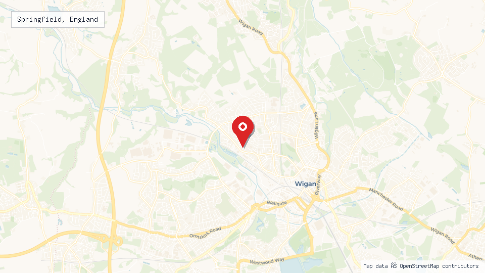 Street map of Springfield, England with location pin