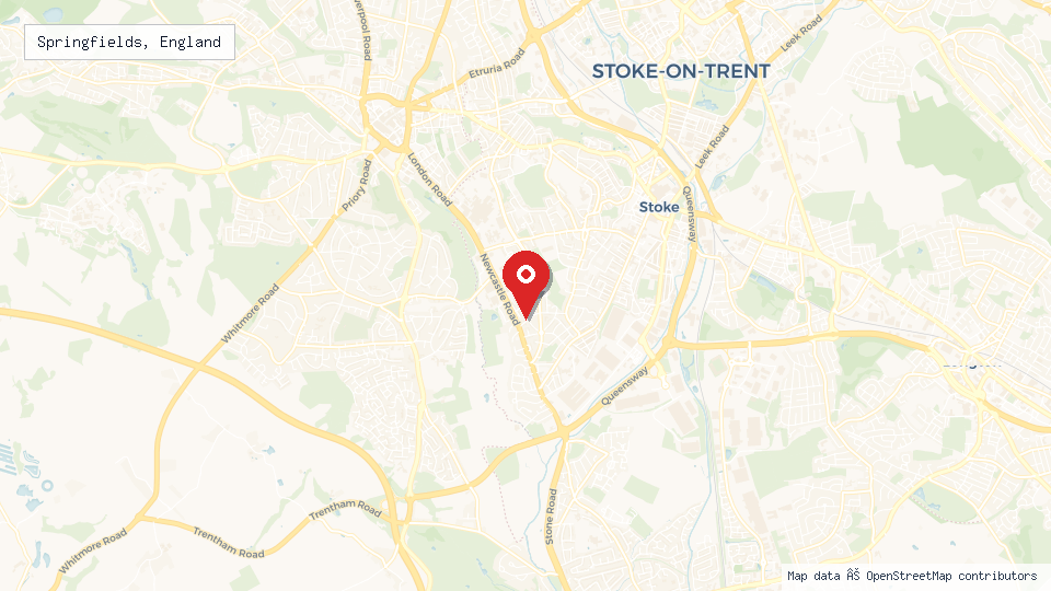Street map of Springfields, England with location pin