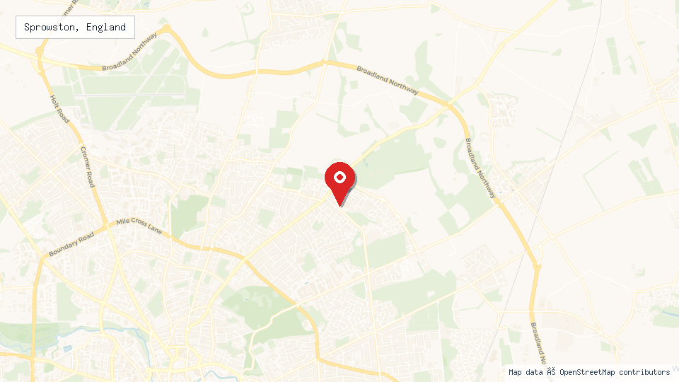 Street map of Sprowston, England with location pin