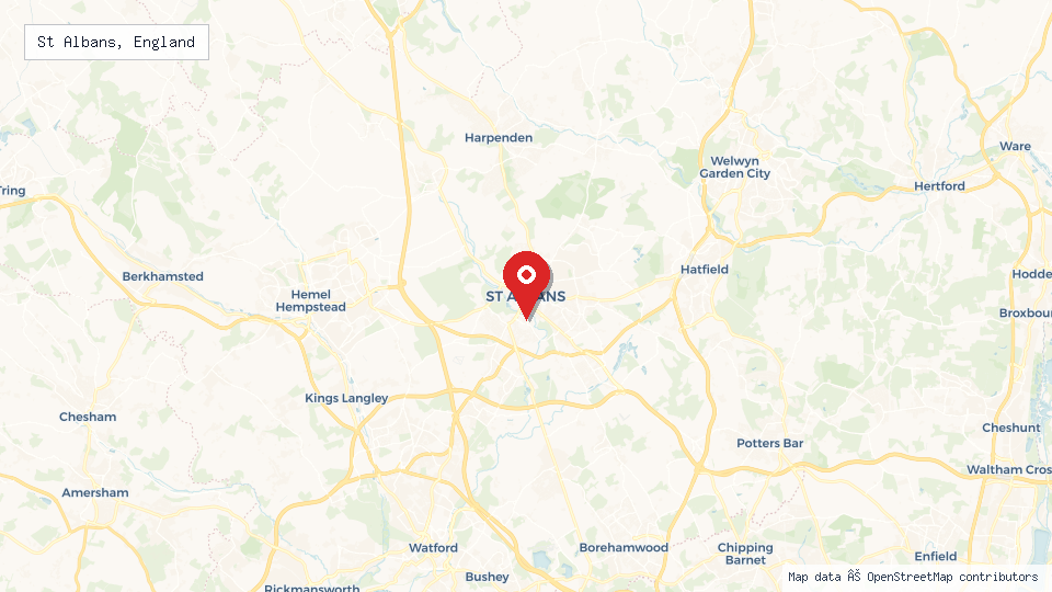 Street map of St Albans, England with location pin