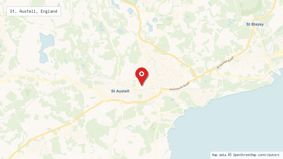 Street map of St. Austell, England with location pin