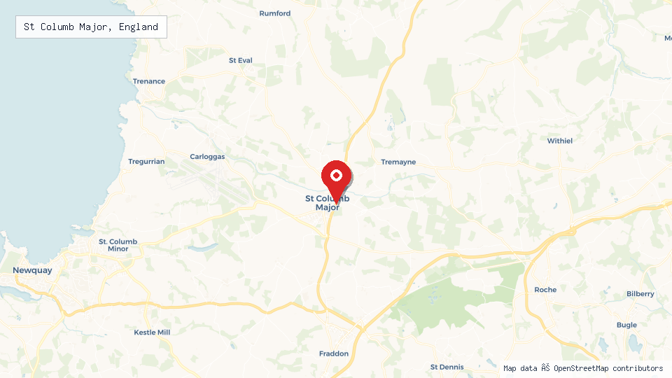 Street map of St Columb Major, England with location pin