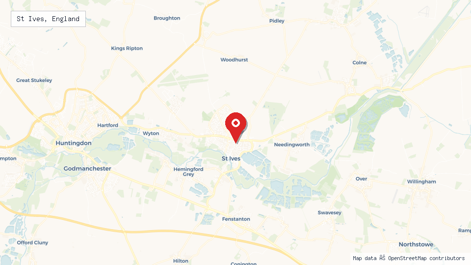 Street map of St Ives, England with location pin