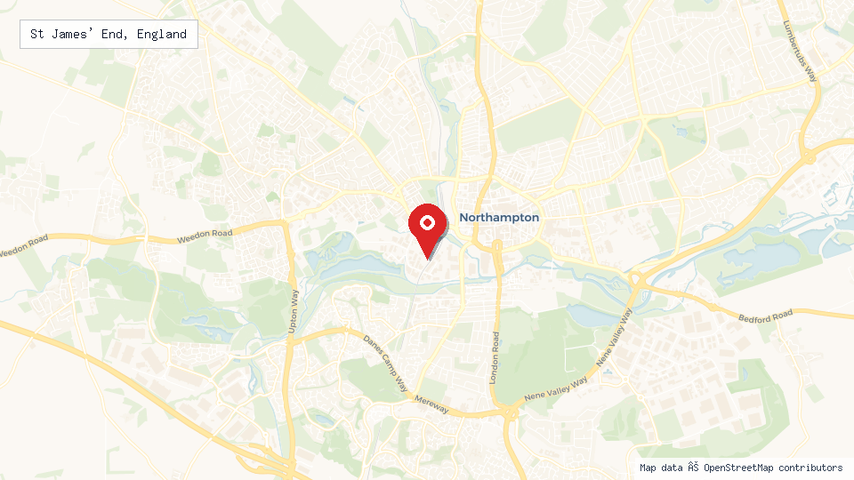 Street map of St James' End, England with location pin