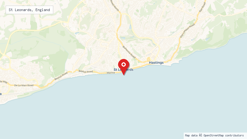 Street map of St Leonards, England with location pin