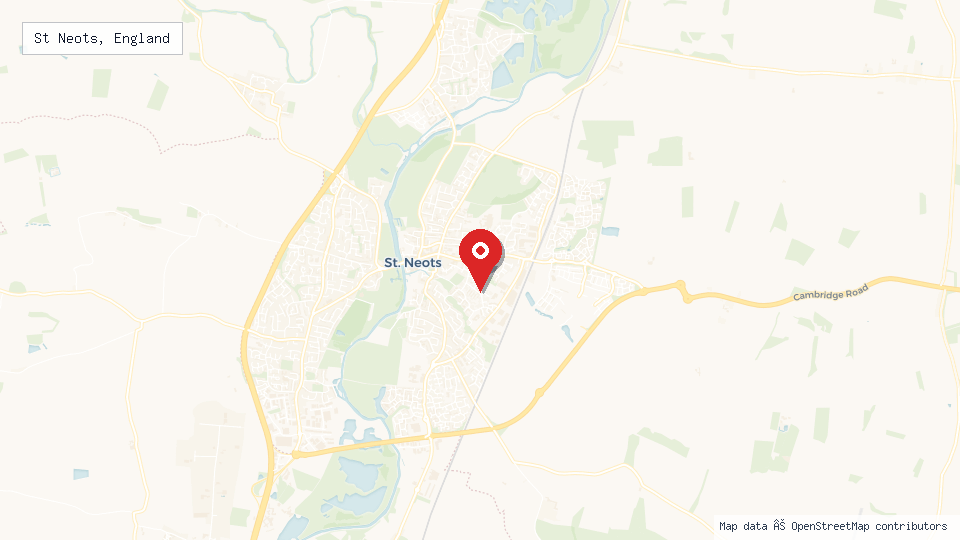 Street map of St Neots, England with location pin