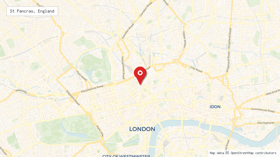Street map of St Pancras, England with location pin